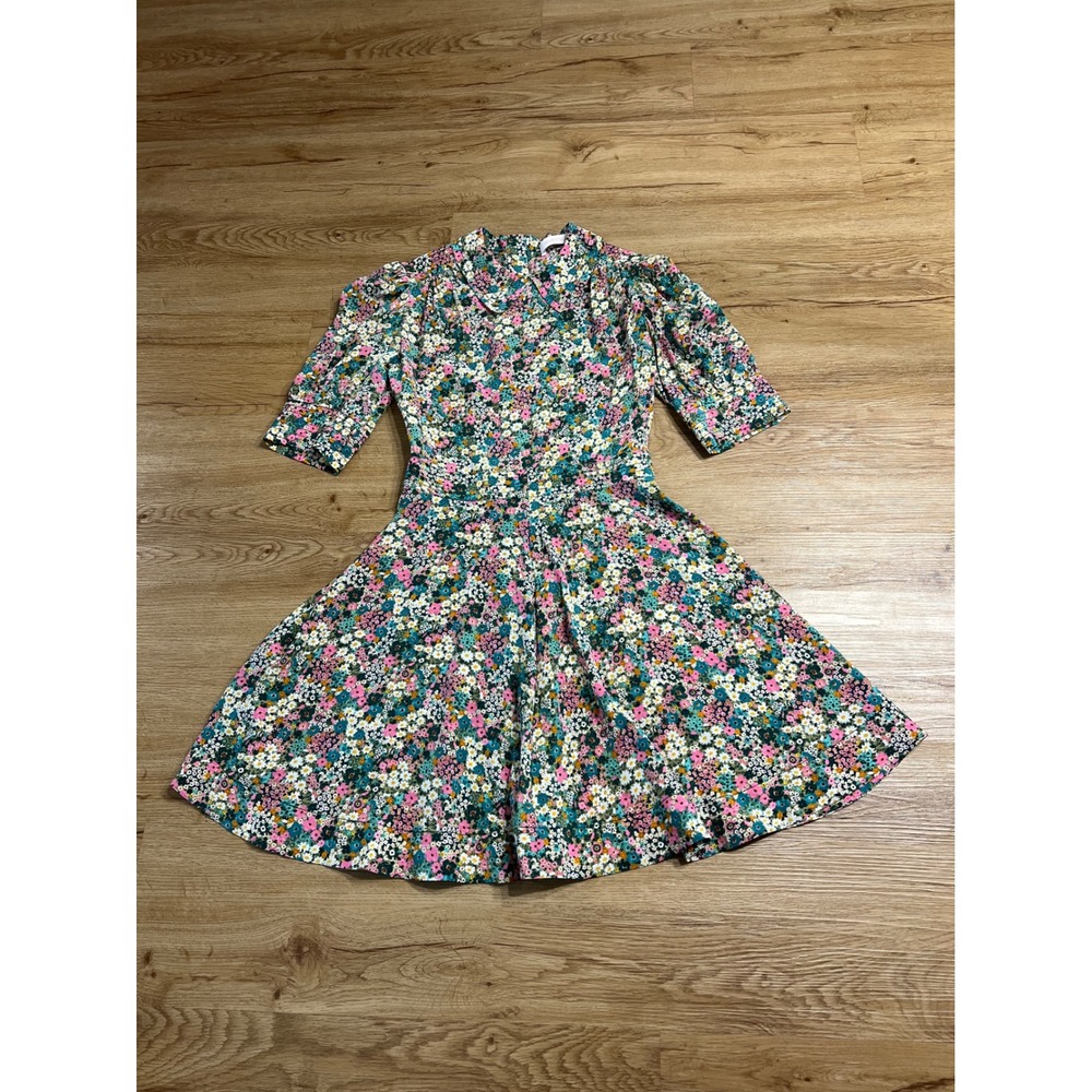 See by Chloe Floral Fit & Flare Dress Womens 34 XS Puff Sleeve Multicolor Midi